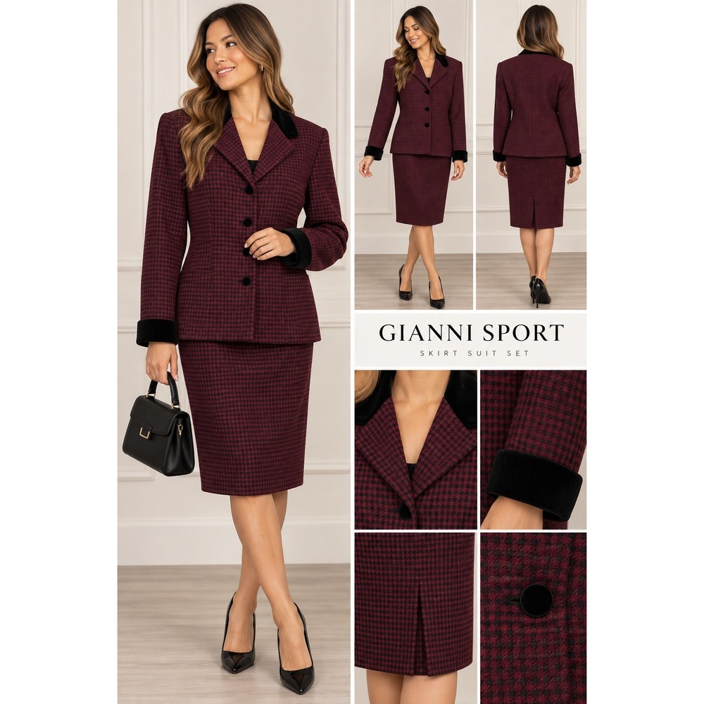 Gianni Sport 12 Jacket/14 Skirt Suit Set Burgundy Houndstooth Worsted Wool